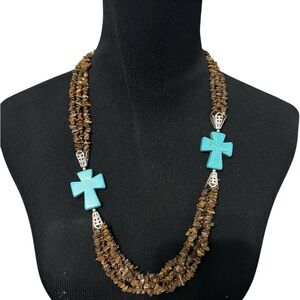 Turquoise and Brown Beaded Necklace-Howlite Cross Pendant Necklace -